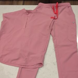 Figs Pink Scrub Set with Red Drawstring